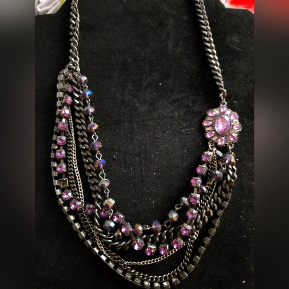 Multi-Strand Purple Crystal Statement Necklace - Unknown Brand